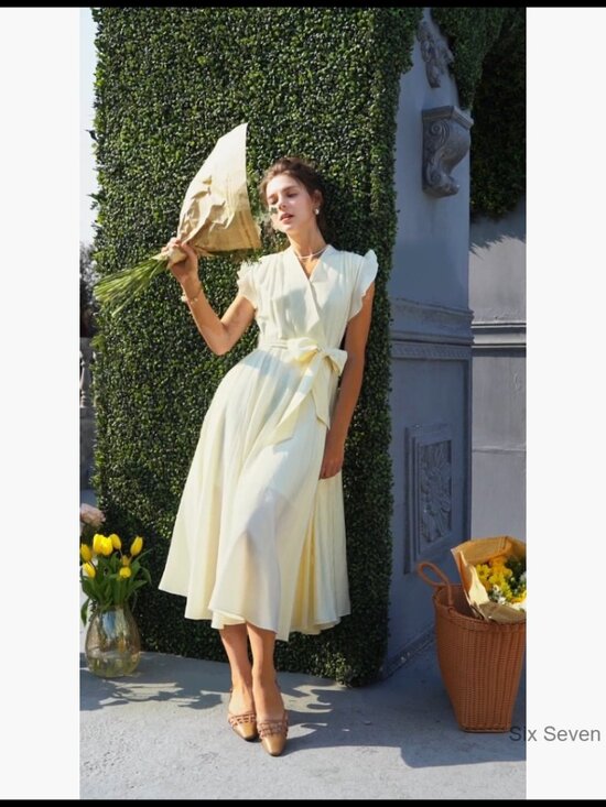 Viscose Polyester Flowing A-Line Midi Dress with Waist Tie - Picture 7 of 7